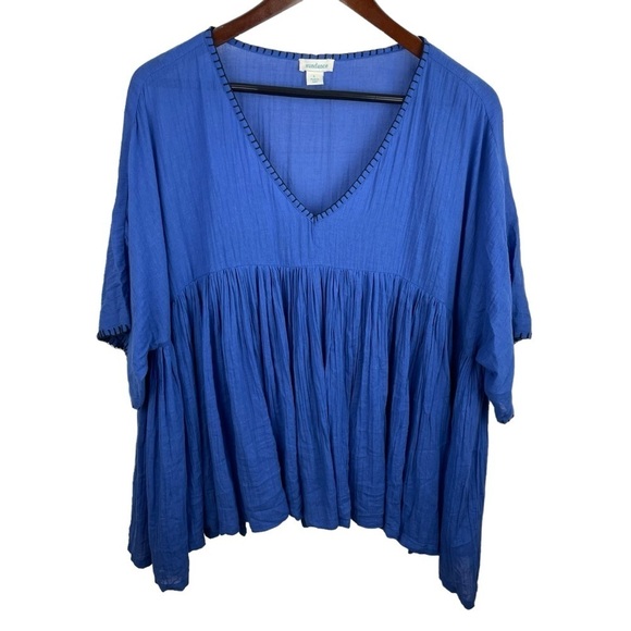 Sundance | Royal Blue Black Exposed Stitch Pleated Gauze Top - Picture 1 of 8
